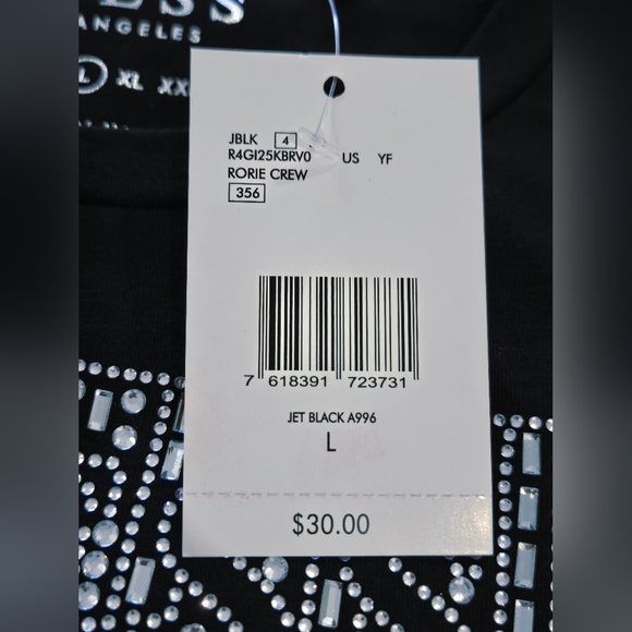 GUESS T-Shirt Women's Black Rhinestone Bling Triangle Logo Large NEW - Picture 5 of 13
